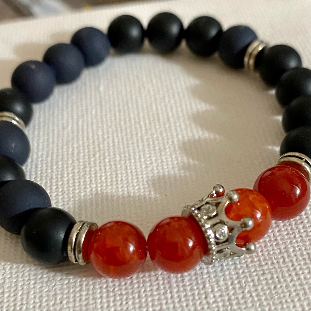 Red Jasper and black onyx beads with a crown charm bracelet